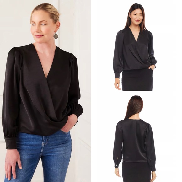 Karen Kane Tops - Karen Kane Drape Front Satin Top in Black Size L (NWT)